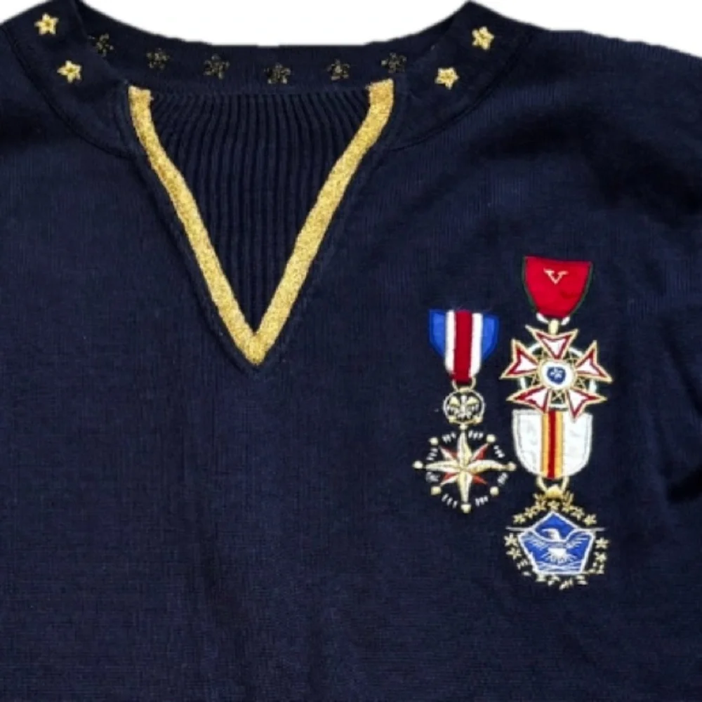 SUZELLE Military Style Navy Long Sleeve Sweater w/ Decorative Accents Nautical - Picture 7 of 7